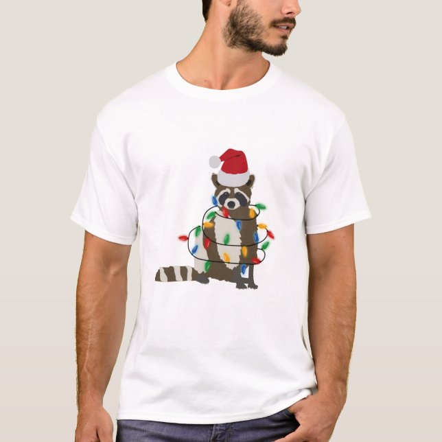Funny Christmas Racoon Santa Hat Xmas Lights  T-Shirt (Front)