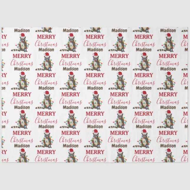 Funny Christmas Racoon Santa Hat Xmas Lights Tissue Paper (Front)