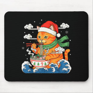 Funny Christmas Ramen Cat Eating Noodles Japanese Mouse Pad