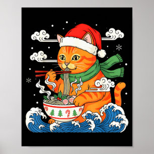 Funny Christmas Ramen Cat Eating Noodles Japanese Poster