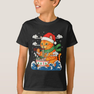Funny Christmas Ramen Cat Eating Noodles Japanese T-Shirt