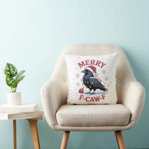 Funny Christmas Raven Merry F-Caw-F Black Bird Cushion