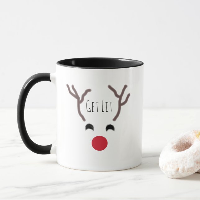 Funny Christmas Reindeer Get Lit Coffee Mug (With Donut)