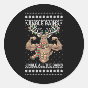Funny Christmas Reindeer Gym Workout Jingle All Th Classic Round Sticker