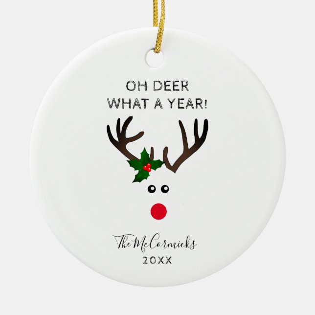Funny Christmas Reindeer Personalised Name Year Ceramic Tree Decoration (Front)