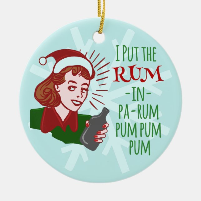 Funny Christmas Retro Rum Drinking Woman Holiday Ceramic Tree Decoration (Front)