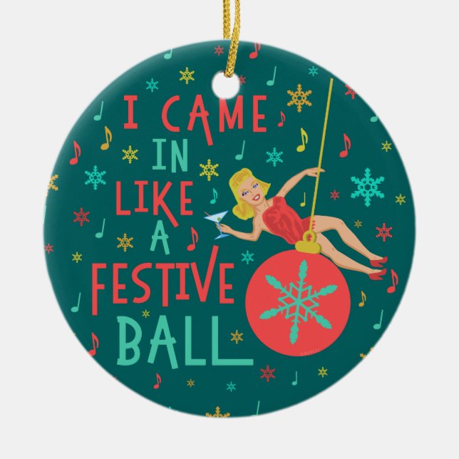 Funny Christmas Retro Woman on Festive Xmas Ball Ceramic Tree Decoration (Front)