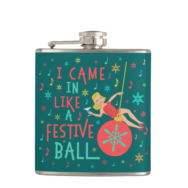 Funny Christmas Retro Woman on Festive Xmas Ball Hip Flask (Front)