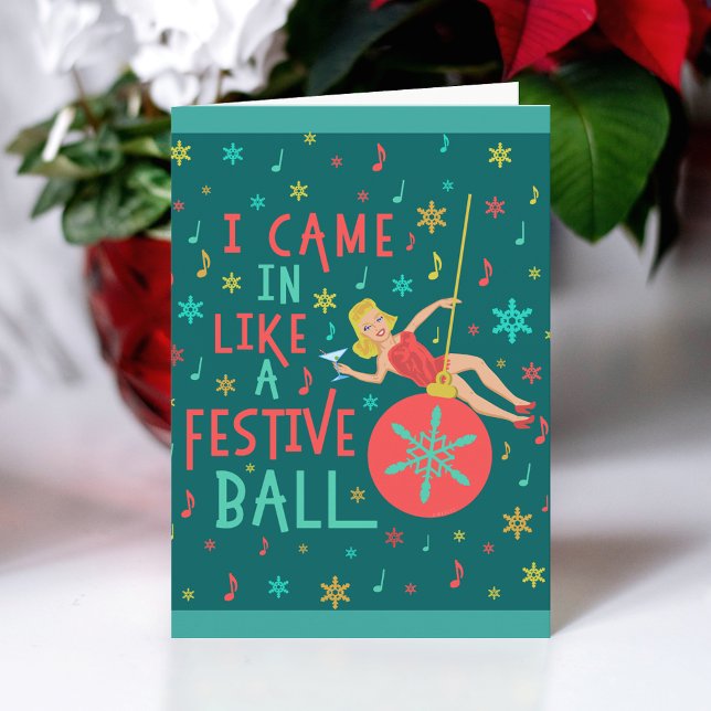 Funny Christmas Retro Woman on Festive Xmas Ball Holiday Card (Creator Uploaded)