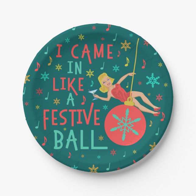 Funny Christmas Retro Woman on Festive Xmas Ball Paper Plate (Front)