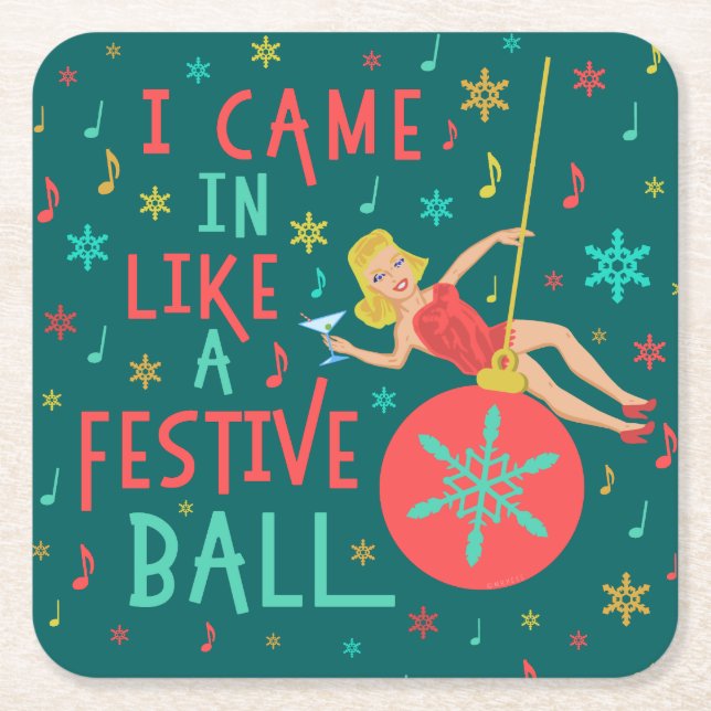 Funny Christmas Retro Woman on Festive Xmas Ball Square Paper Coaster (Front)