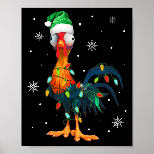 Funny Christmas Rooster Wrapped In Christmas Light Poster (Front)
