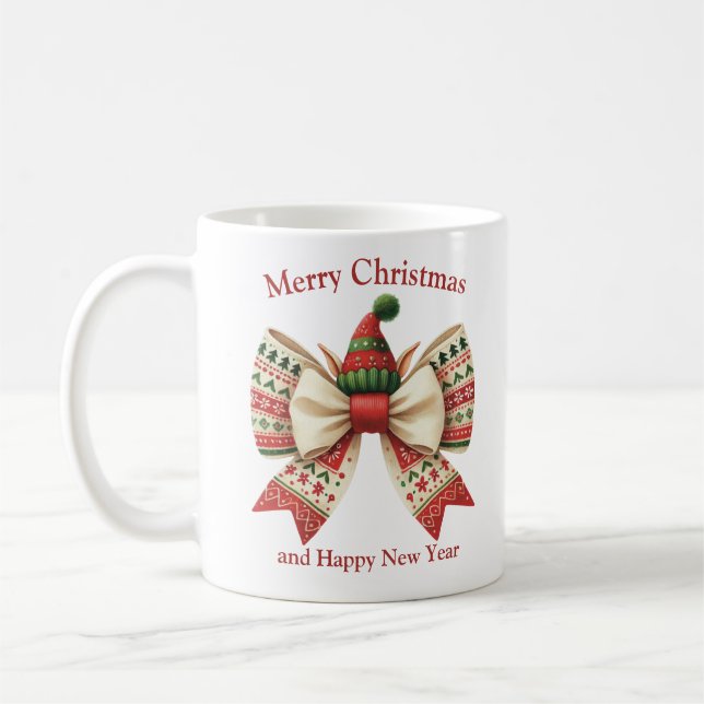 Funny Christmas rustic bow with elves hat Coffee Mug (Left)