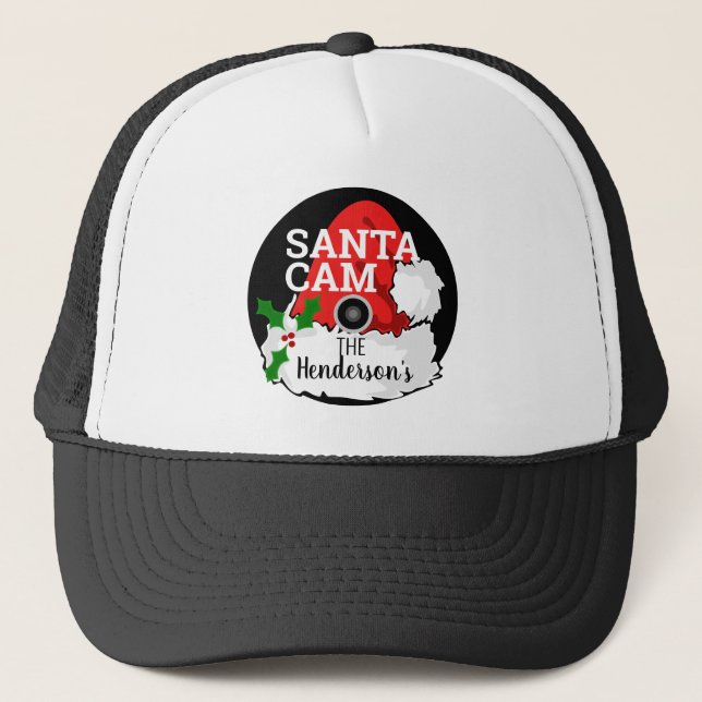 Funny Christmas Santa Cam Surveillance Red White Trucker Hat (Front)