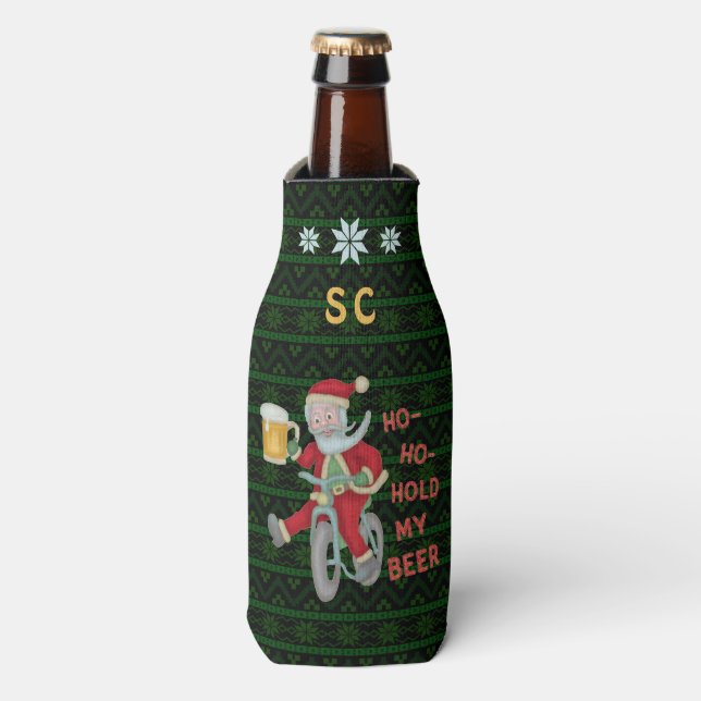 Funny Christmas Santa Claus Beer Humour Monogramme Bottle Cooler (Bottle Front)