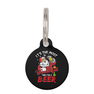 Funny Christmas Santa Claus Drinking Beer Wonderfu Pet Tag