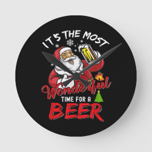 Funny Christmas Santa Claus Drinking Beer Wonderfu Round Clock