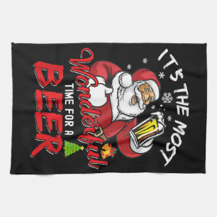 Funny Christmas Santa Claus Drinking Beer Wonderfu Tea Towel