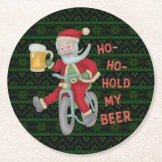 Funny Christmas Santa Claus Hold My Beer Humour Round Paper Coaster