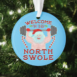 Funny Christmas Santa Claus Swole Weightlifter Ornament<br><div class="desc">You won't find Santa Claus messing around with the cookies anymore. This year, he's lifting weights instead of glasses of milk. This funny holiday design shows a buff, shirtless Santa lifting a barbell in his gloved hands. He's surrounded by mistletoe and candy canes, and the text says "Welcome to the...</div>