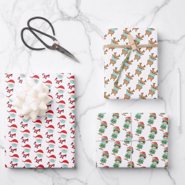 Funny Christmas Santa Elf Reindeer with Face Mask Wrapping Paper Sheet (Front)