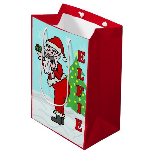 Funny Christmas Santa Elfie Medium Gift Bag (Front Angled)