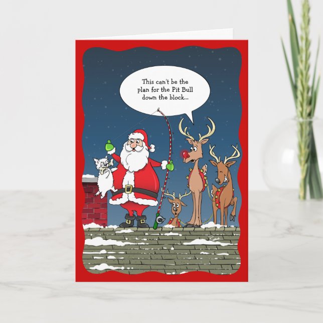 Funny Christmas Santa Fishing Dog Reindeer Holiday Card (Front)