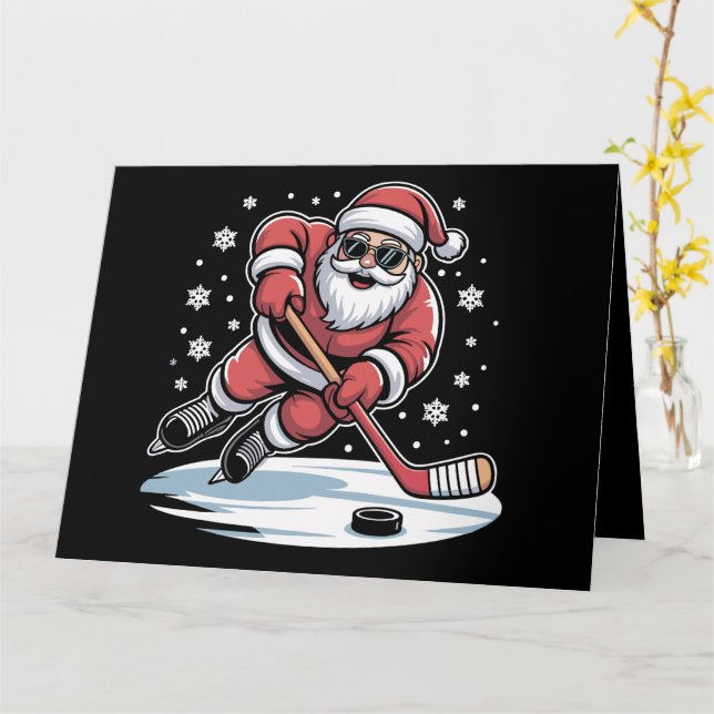 Funny Christmas Santa Playing Ice Hockey Xmas  Card (Yellow Flower)