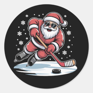 Funny Christmas Santa Playing Ice Hockey Xmas Classic Round Sticker