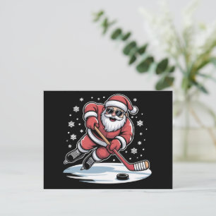 Funny Christmas Santa Playing Ice Hockey Xmas  Holiday Postcard