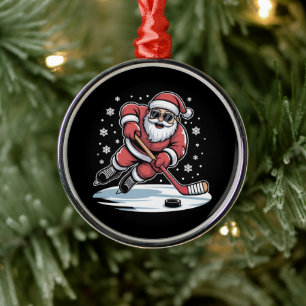 Funny Christmas Santa Playing Ice Hockey Xmas  Metal Tree Decoration