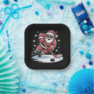 Funny Christmas Santa Playing Ice Hockey Xmas  Paper Plate