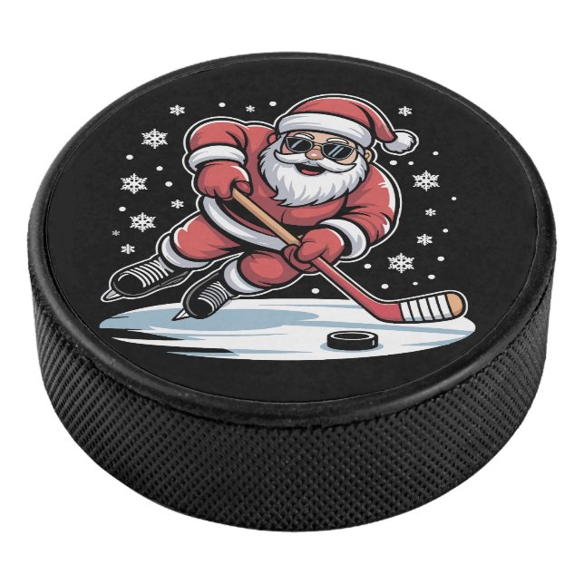 Funny Christmas Santa Playing Ice Hockey Xmas  Puck (3/4)