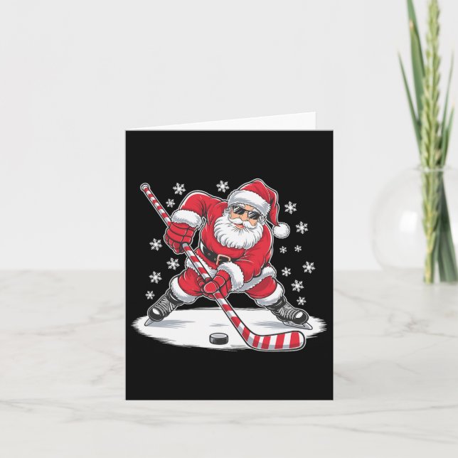 Funny Christmas Santa Playing Ice Hockey Xmas Spor Card (Front)