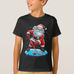 Funny Christmas Santa Playing Ice Hockey Xmas Spor T-Shirt
