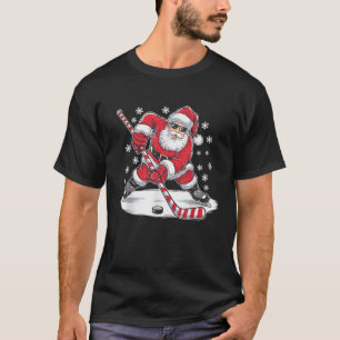 Funny Christmas Santa Playing Ice Hockey Xmas Spor T-Shirt
