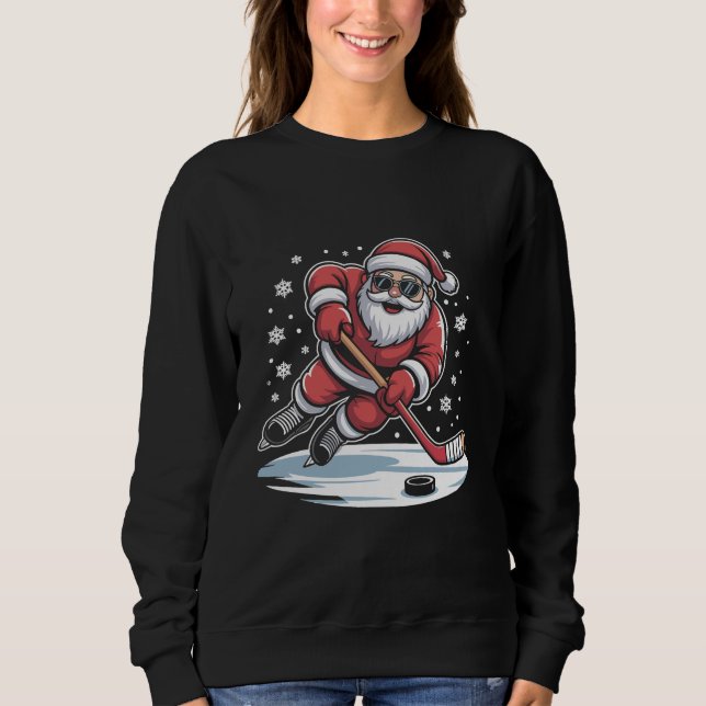 Funny Christmas Santa Playing Ice Hockey Xmas  Sweatshirt (Front)
