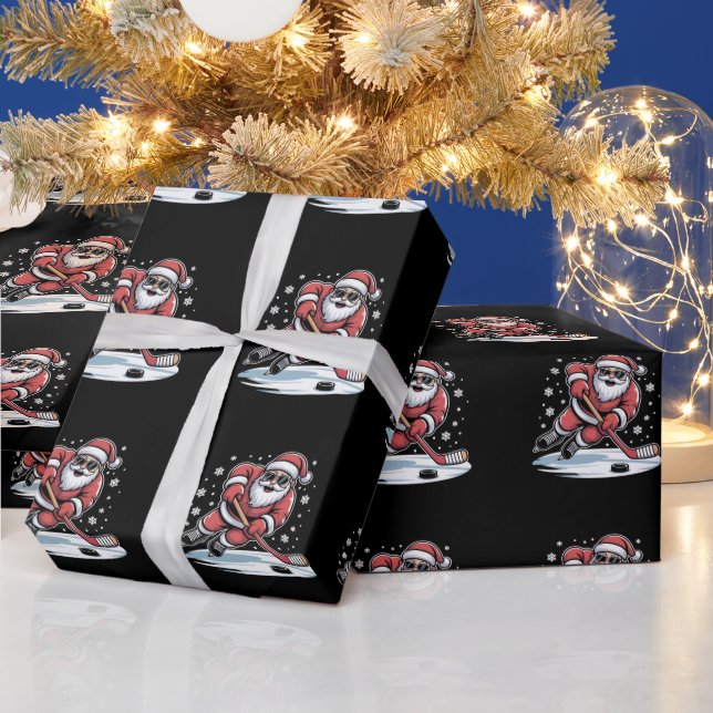 Funny Christmas Santa Playing Ice Hockey Xmas  Wrapping Paper (Holidays)