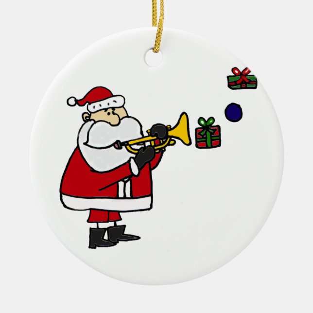 Funny Christmas Santa Playing Trumpet Ceramic Tree Decoration (Front)