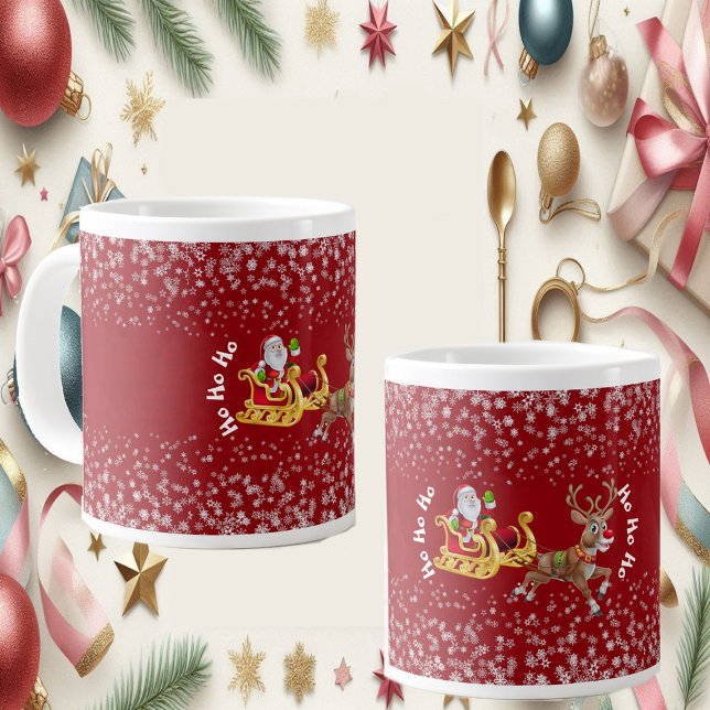 Funny Christmas Santa Reindeer Sleigh Ho-Ho-Ho Red Large Coffee Mug (Funny Christmas Santa Reindeer Sleigh Ho-Ho-Ho Red Giant Coffee Mug)