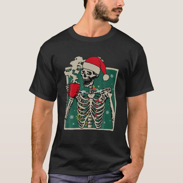 Funny Christmas Santa Skeleton Smiling Drinking Co T-Shirt (Front)