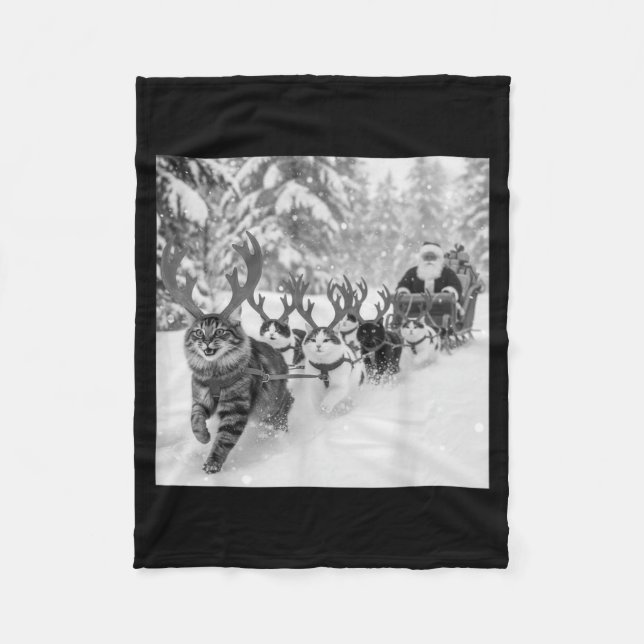 Funny Christmas Santa Sleigh Cats Reindeer Selfie  Fleece Blanket (Front)