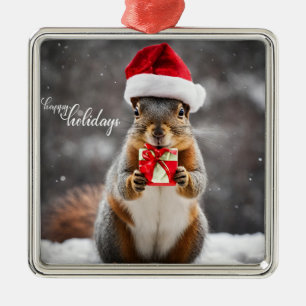 Funny Christmas Santa Squirrel with Present Metal Tree Decoration
