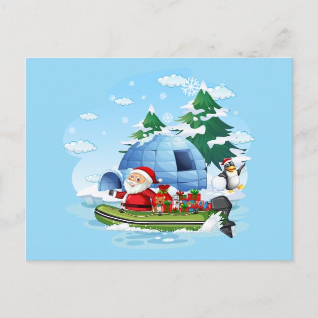 Funny Christmas Santa with Gifts in the Boat  Holiday Postcard (Front)