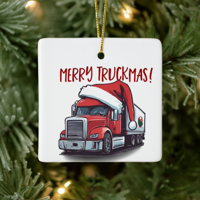 Funny Christmas Semi Transport Truck Truckmas Ceramic Ornament (Tree)