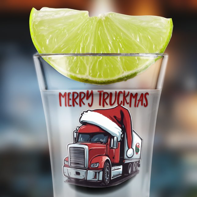 Funny Christmas Semi Transport Truck Truckmas Shot Glass (Merry Truckmas! A transport themed stocking stuffer.)