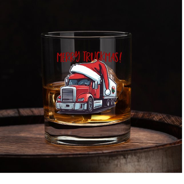 Funny Christmas Semi Transport Truck Truckmas Whiskey Glass (Funny Truck Driver Christmas Whiskey Glass Merry Truckmas)