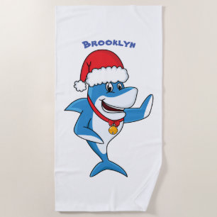 Funny Christmas shark cartoon illustration Beach Towel