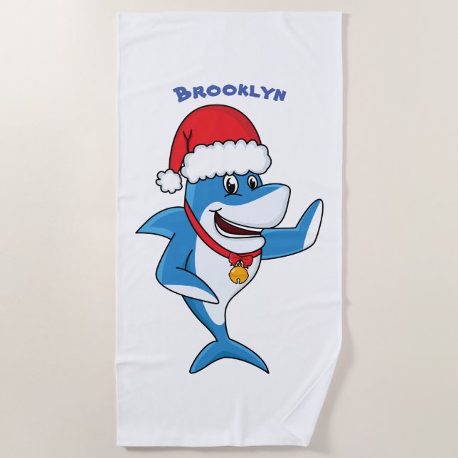 Funny Christmas shark cartoon illustration Beach Towel (Front)
