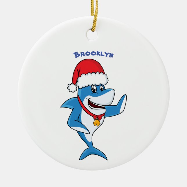 Funny Christmas shark cartoon illustration Ceramic Tree Decoration (Front)